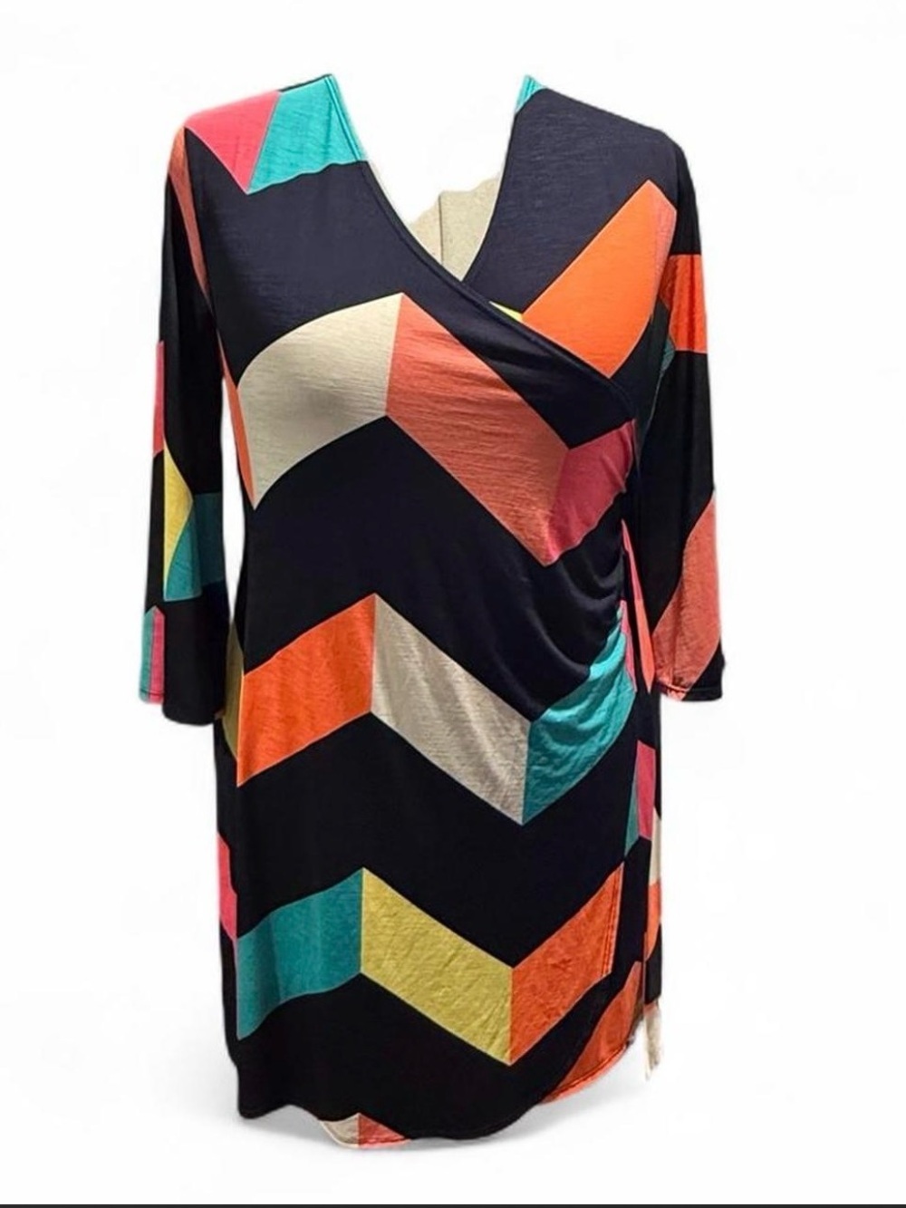 Emerald Black Chevron Mini Dress with Teal, Coral & Yellow Accents